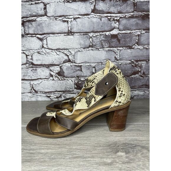 Fidji Ivory Leather Snake Skin Anke Strap Print Brown Heel Sandals Women 38.5EU - Picture 13 of 16